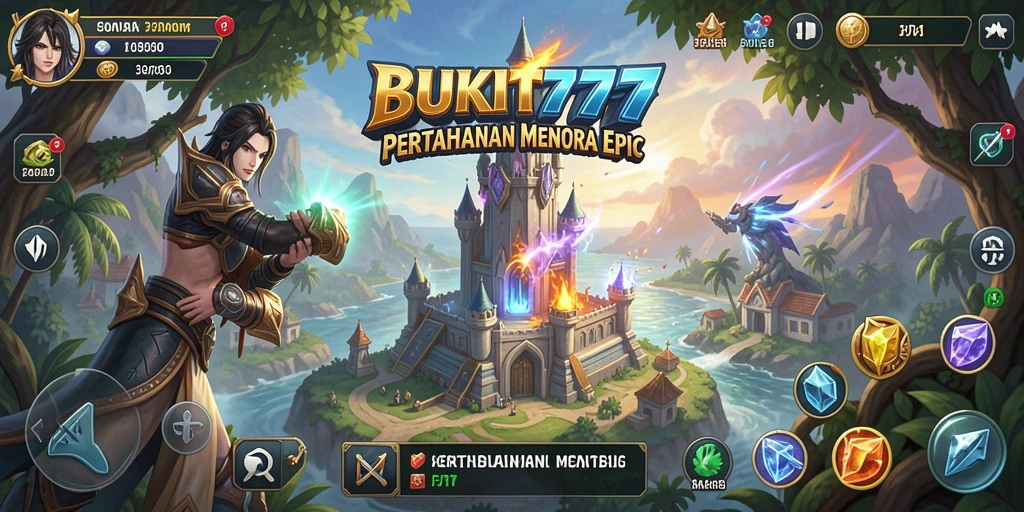 Tangkapan layar utama BUKIT777 menampilkan aksi pertahanan menara yang intens.
