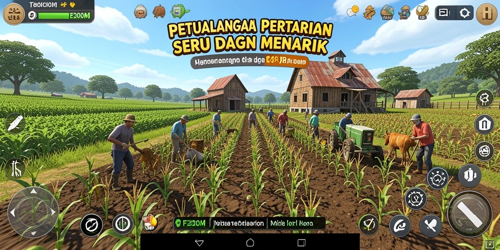 Gameplay seru pertanian di F200M dengan berbagai tanaman dan ternak.