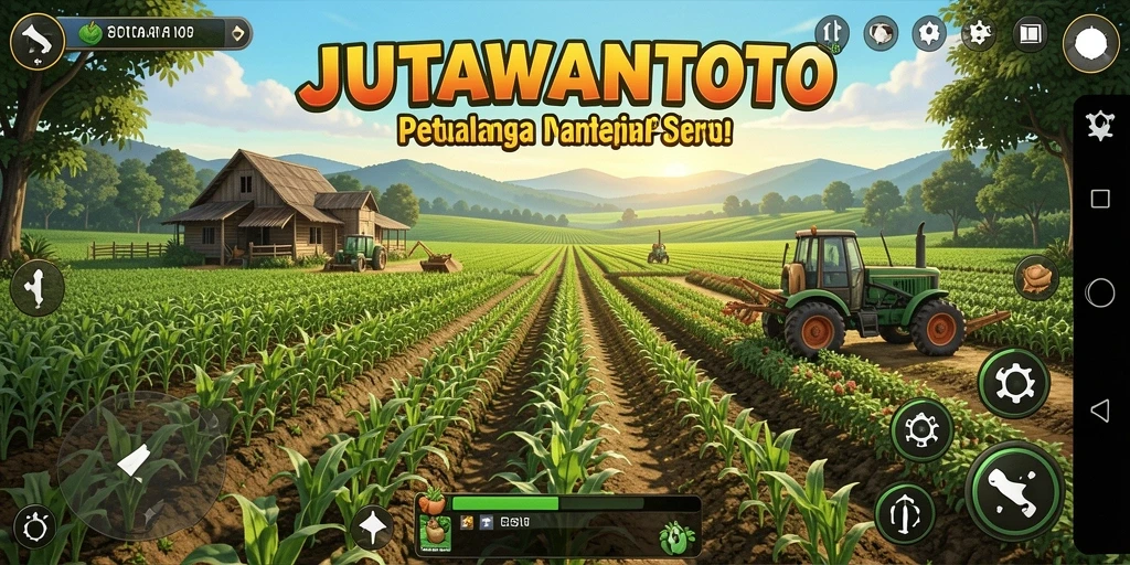 Screenshot gameplay JUTAWANTOTO dengan ladang dan hewan ternak yang ceria.