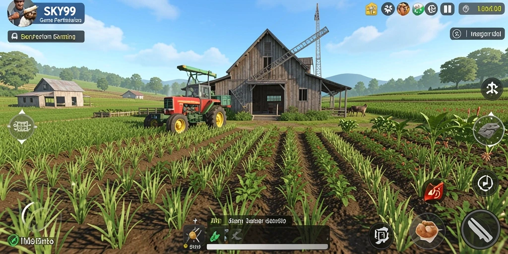 Tampilan gameplay di <strong>SKY99</strong> dengan ladang yang hijau dan aktivitas bertani.