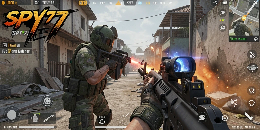 Screenshot gameplay SPY77 menampilkan aksi tembak-menembak yang intens.