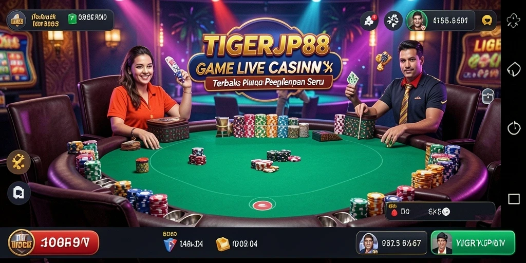 TIGERJP88 menampilkan dealer profesional dalam suasana kasino yang hidup.